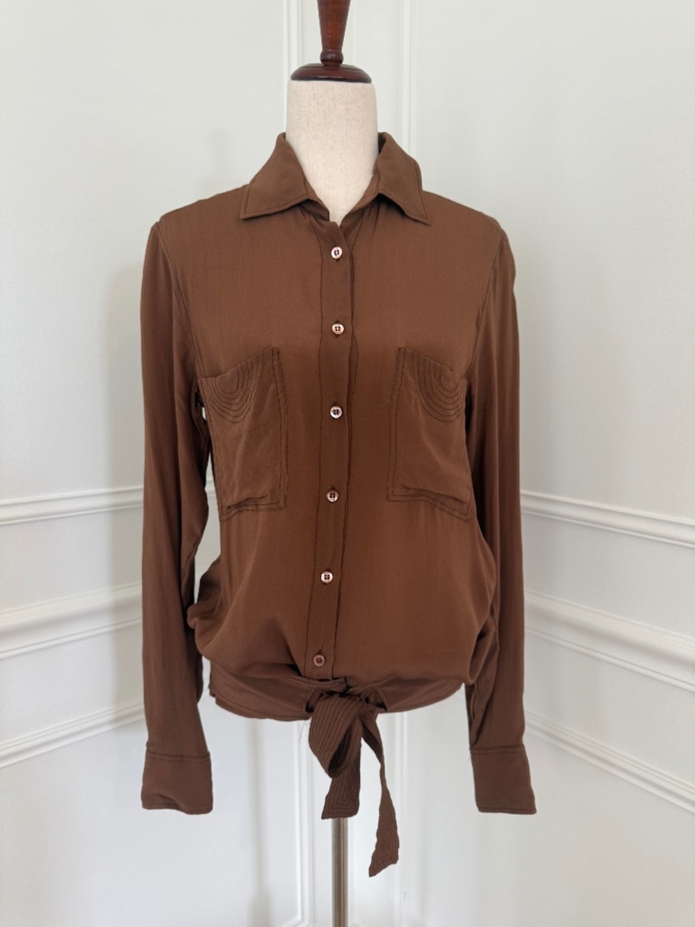 GUCCI vintage silk belted blouse in cocoa brown